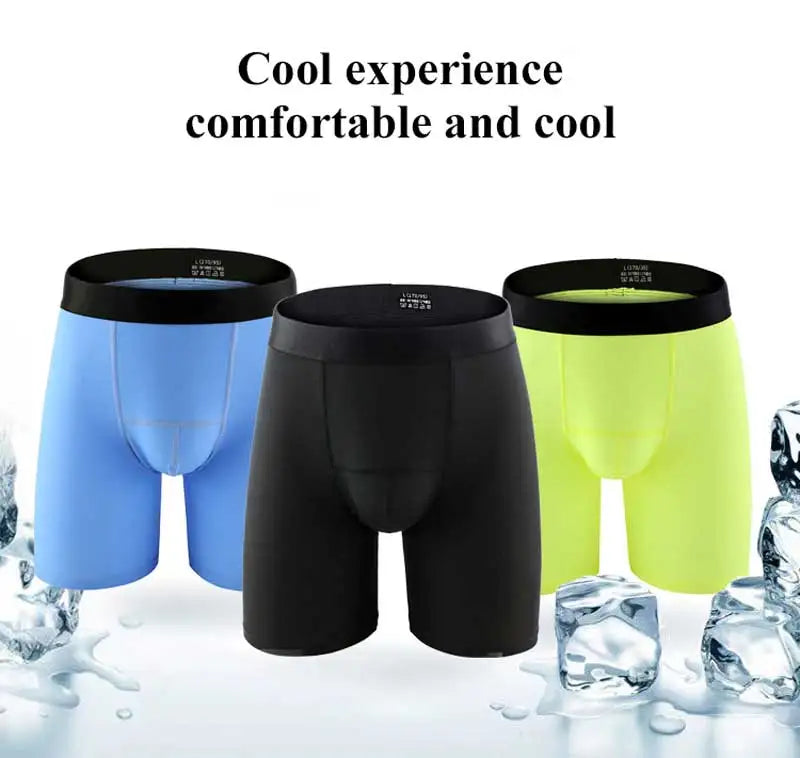 Ice Silk Lengthen Men Boxers Mid Waist Solid Underwear.