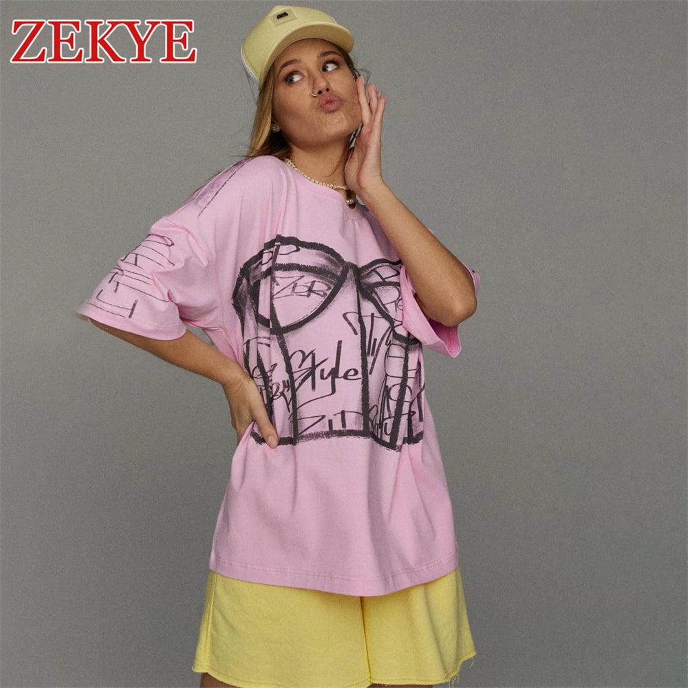 Zekye Printed Streetwear Vintage Tshirts Top Harajuku O Neck Chic Summer Basic Loose T-shirt