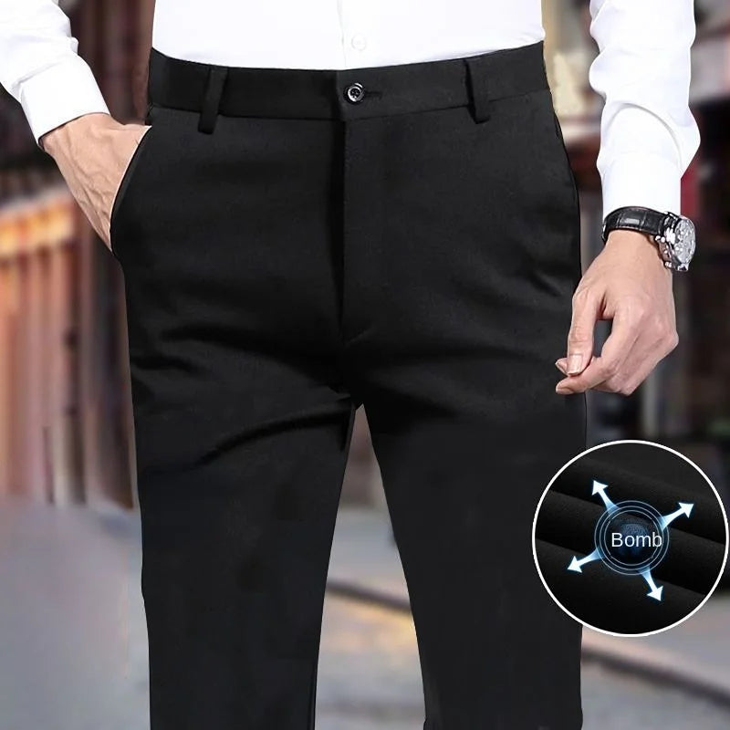 Men's Summer Casual Elastic Non-ironing Trousers coloured in Black Slim-fit Straight Business Formal Trousers