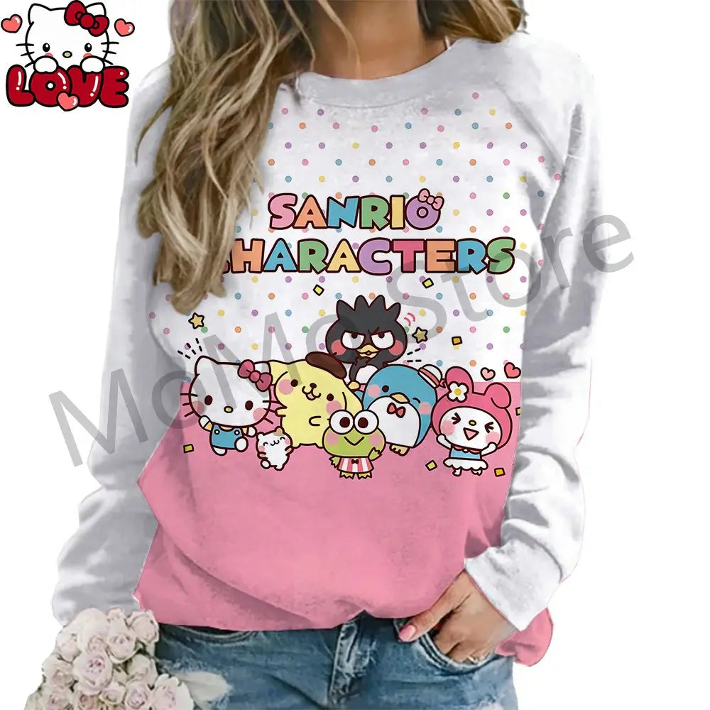 Women's Long Sleeve Hello Kitty O Neck Lovely Pullovers Y2k Streetwear shirt S-3XL New High Quality Kawaii Clothes