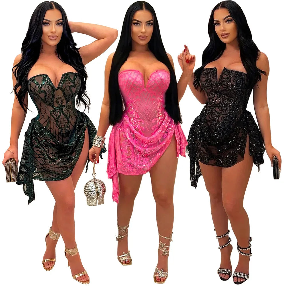 Sequin Ruffle sexy elegant looking Dress for Lady Bodycon summer Evening out Dresses