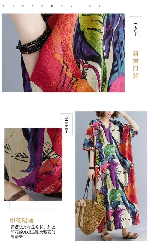 Boho Floral Cotton-Linen Summer Dress for Women – Ankle-Length, Loose Fit, O-Neck
