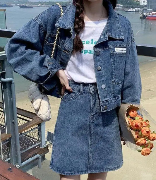 Women Jean Clothes Set ,Denim Jacket + Half Skirt Two-piece Set