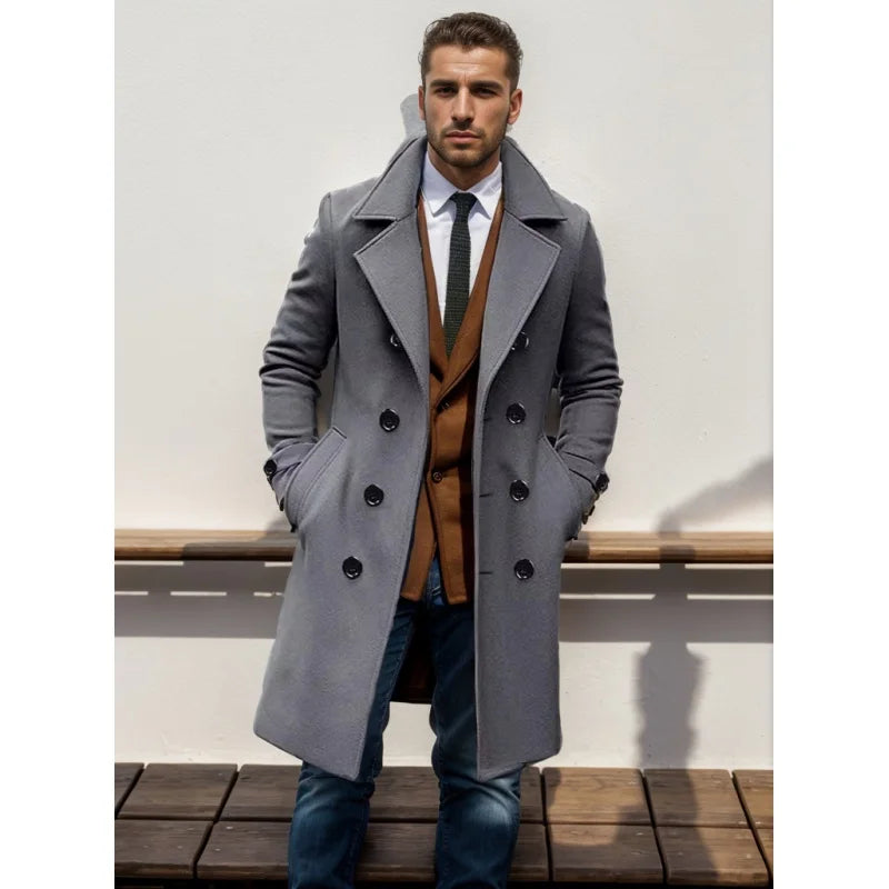 2024Autumn and Winter High Quality Thick Mid-Length Double Breasted Men's Wool Slim Fit Coat European Size