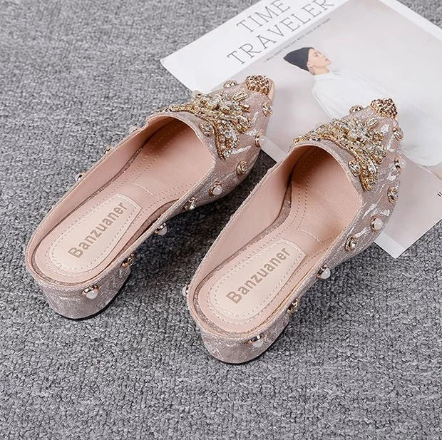 Mules Shoes Women Sandals Ladies Elegant Rhinestone Designer Mirror Luxury Party Slipper Summer New 2024 Slippers Fashion Roman