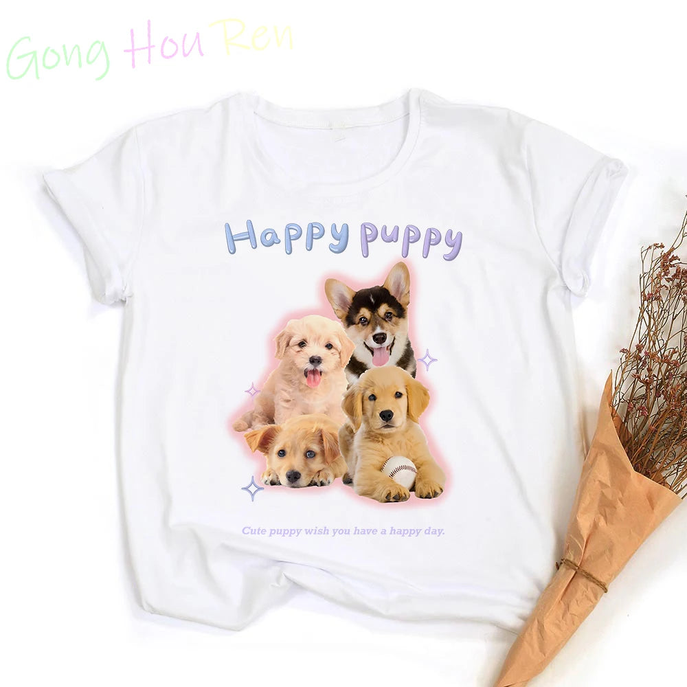 Gong Hou Ren Women’s Corgi Cartoon Graphic T-Shirt – Summer 2024 Collection