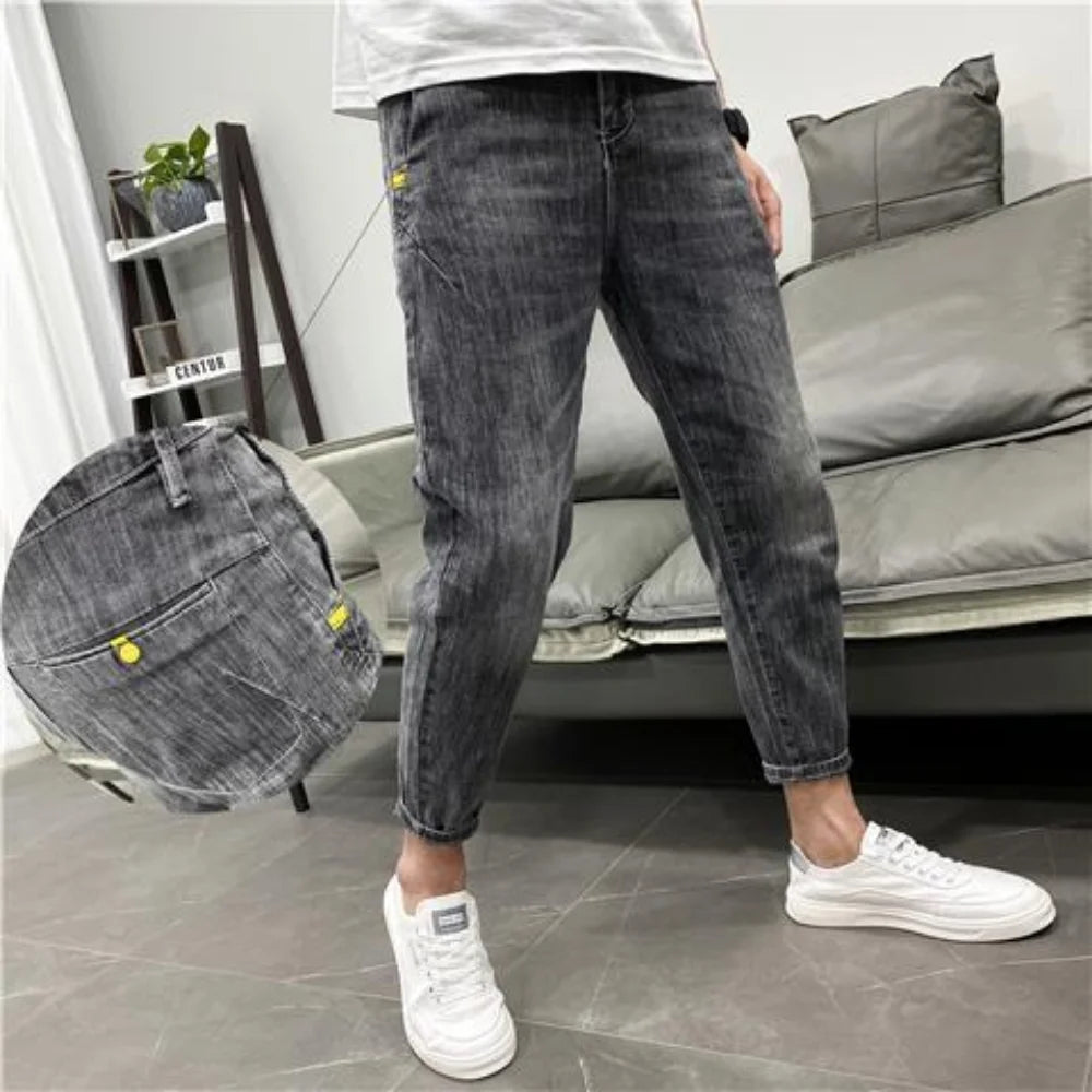 Fashionable Summer Autumn Luxury Cotton Trousers for Men Slim Solid Jeans with Stretch Classic Casual and Formal Wear Grey Jeans