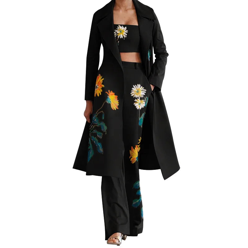 Long Trench coat Sets Female Autumn Temperament Print Flower Windbreaker Wide Leg Pant Suit Three Piece Set Office Lady