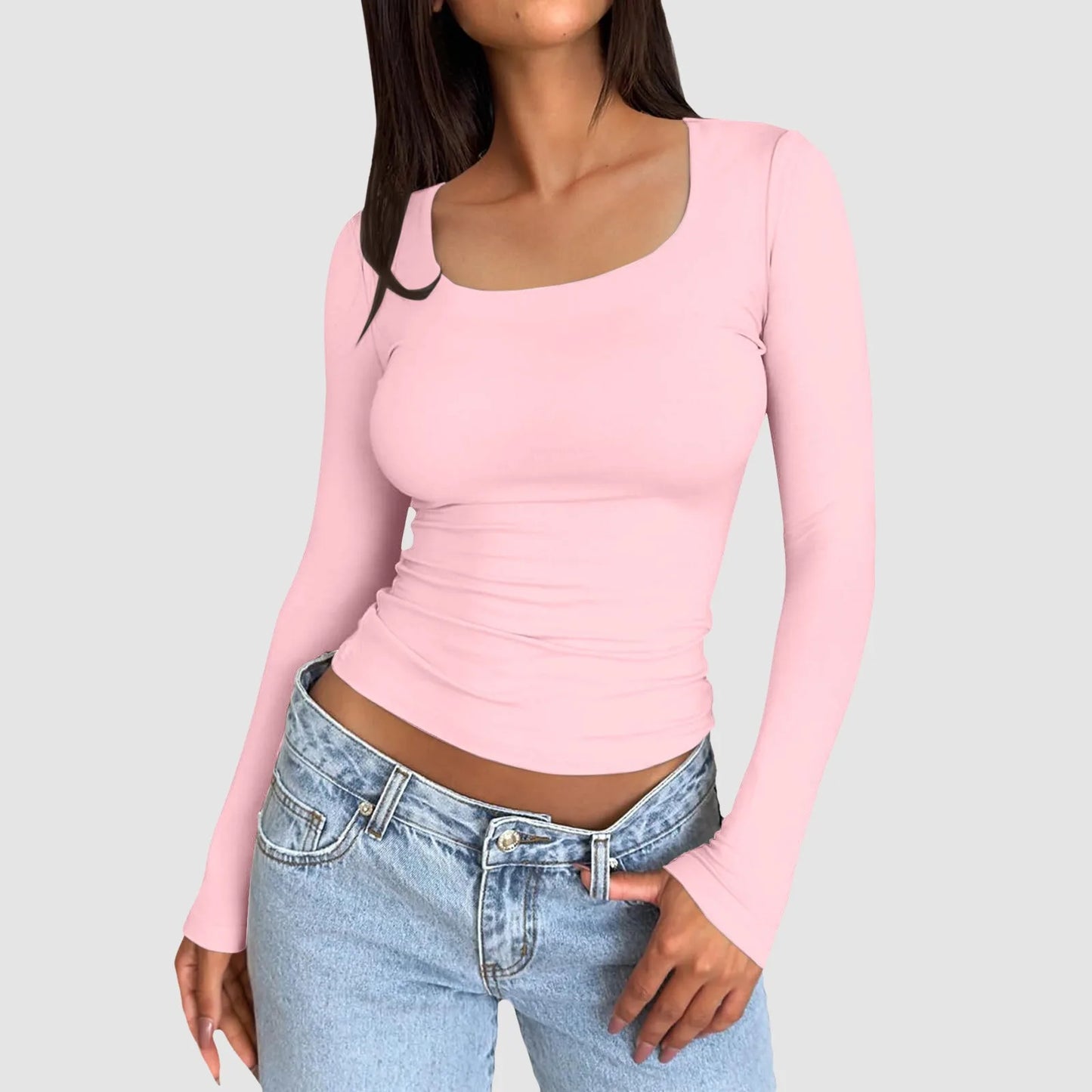 Women Long Sleeve Round Neck Crop Top basic solid tight slim women's plain T-Shirt.