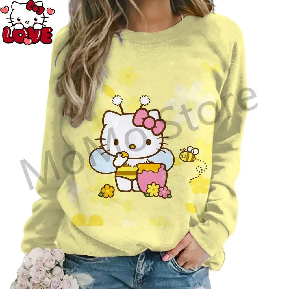 Women's Long Sleeve Hello Kitty O Neck Lovely Pullovers Y2k Streetwear shirt S-3XL New High Quality Kawaii Clothes