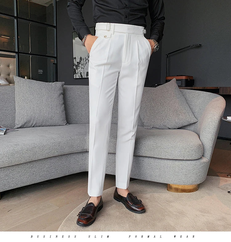 British Style New Solid High Waist Pant Men Business Formal Wear Trousers 2024 High Quality Slim Casual Office Suit