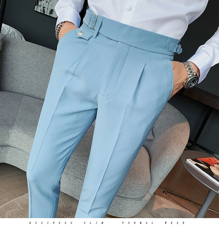 British Style New Solid High Waist Pant Men Business Formal Wear Trousers 2024 High Quality Slim Casual Office Suit