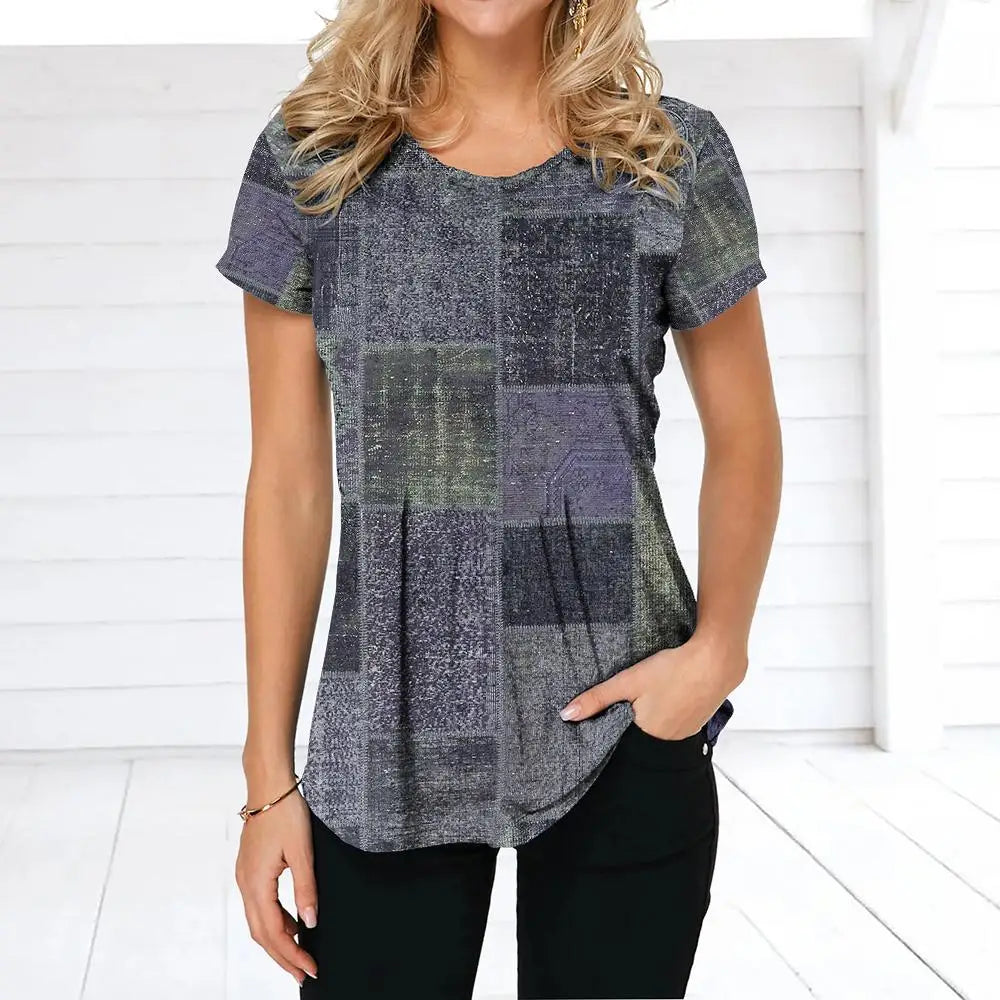 NoEnName_Null Women’s 3D Print Patchwork T-Shirt – Casual American Retro O-Neck Short Sleeve Top