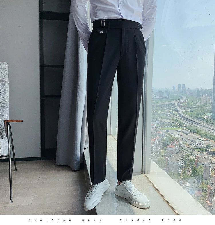 British Style New Solid High Waist Pant Men Business Formal Wear Trousers 2024 High Quality Slim Casual Office Suit