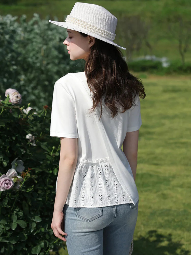 Summer New T-shirts For Women 2024 Spliced Hollow Out Pleated Short-sleeve Casual Fashion Female Blouse 2242015652