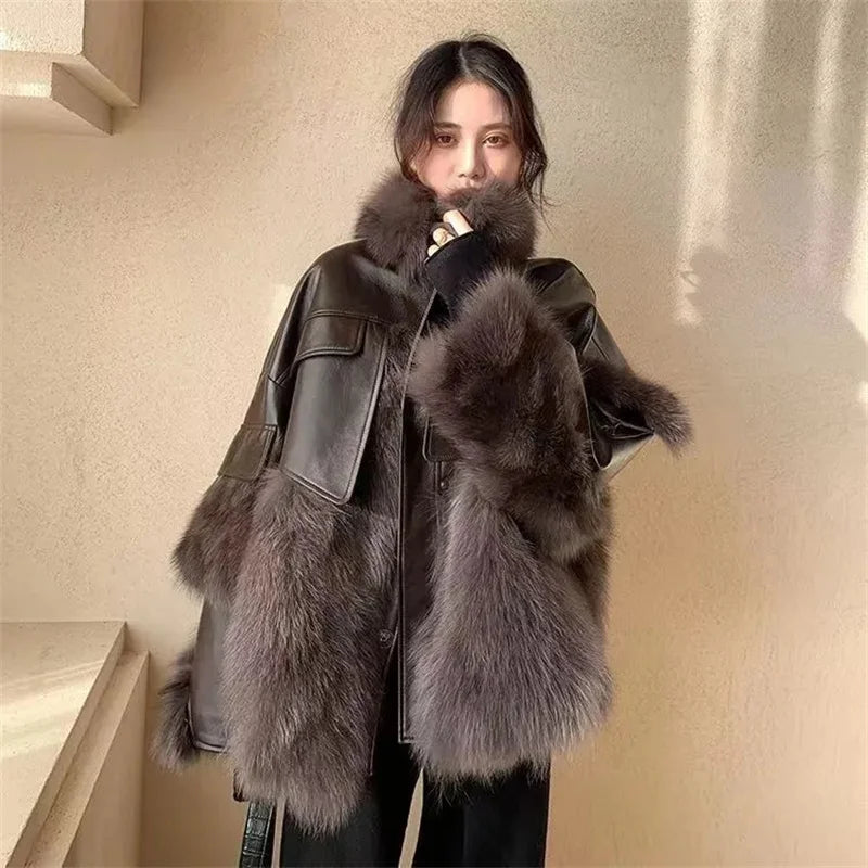 Retro Coffee Fur Coat  2024 Winter Loose Korean Version Fashionable Imitation for wome Fox Fur Thickened Haining High-end Coat