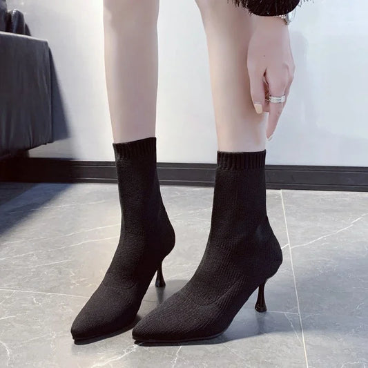 Female Shoes, 2024 Plus Size Knitted Ankle Boots Concise Stretch Boots Pointed Toe Slip on Thin Heels Shoes