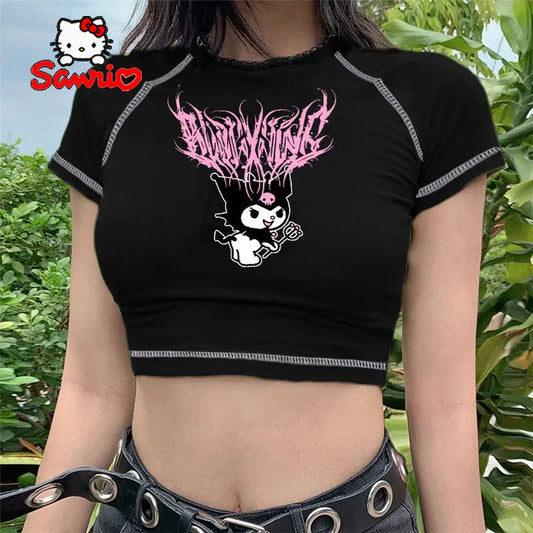 Sanrio Kuromi Short Sleeves Punk Style Vintage Fashion Printed Short Expose Navel T-shirt Summer Girls Clothes