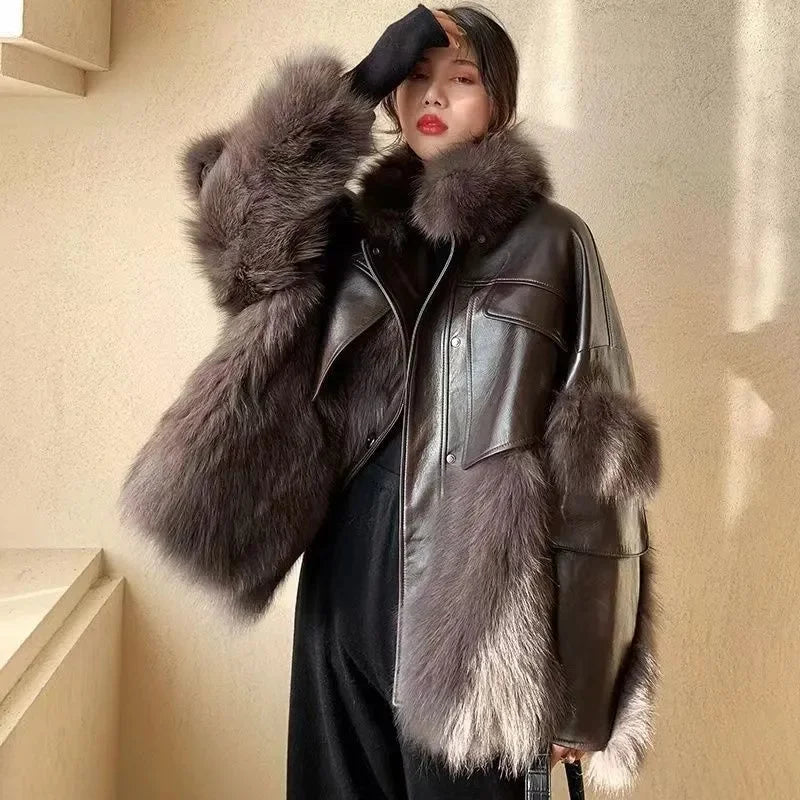 Retro Coffee Fur Coat  2024 Winter Loose Korean Version Fashionable Imitation for wome Fox Fur Thickened Haining High-end Coat