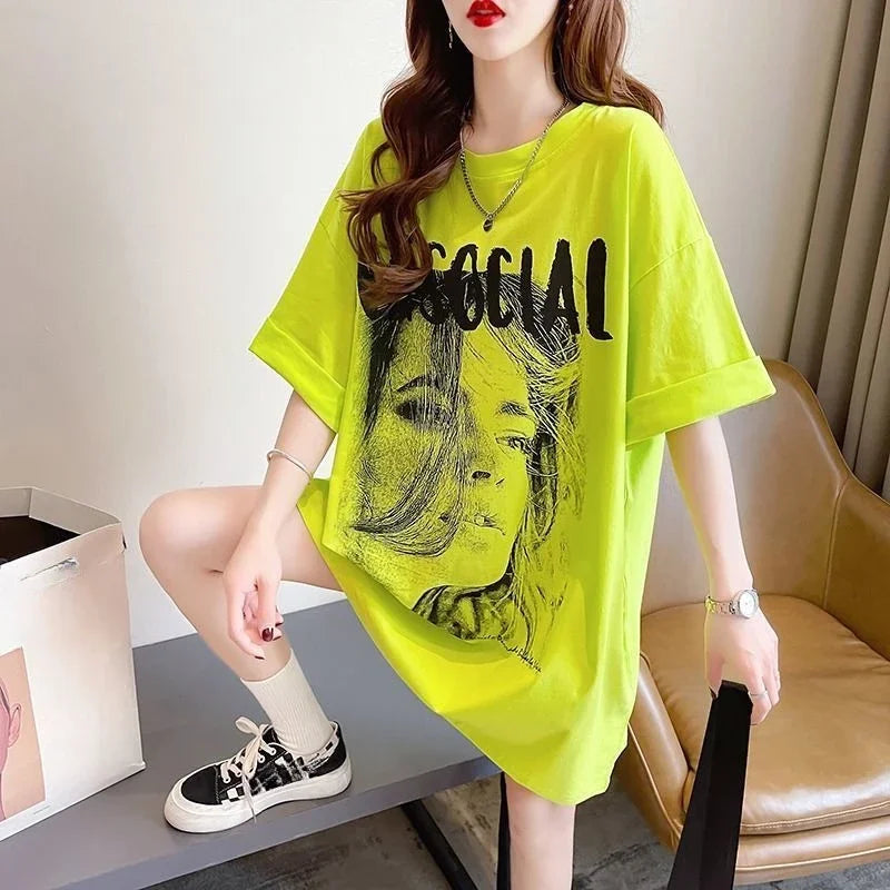 Shangkaka Women’s Casual Letter Print T-Shirt – Cotton Polyester Blend | Loose Fit, O-Neck, Half Sleeve | Summer 2025