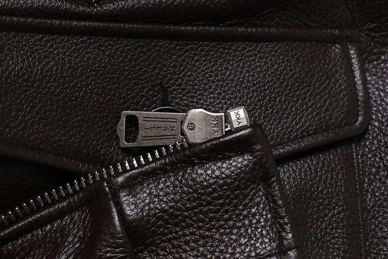 NoEnName_Null Men’s Military Style Cow Leather Jacket – Winter Outerwear with Zippers and Turn-Down Collar