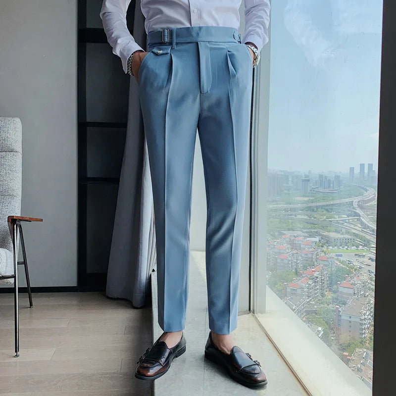 British Style New Solid High Waist Pant Men Business Formal Wear Trousers 2024 High Quality Slim Casual Office Suit