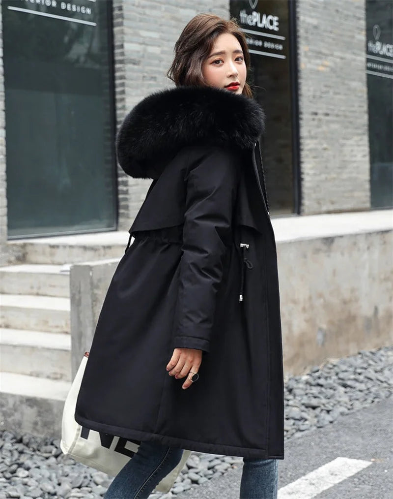 Winter Jacket 2023 New Women's Clothes Long Coat Wool Liner Hooded Jacket Fur Collar Thick Warm Snow Wear