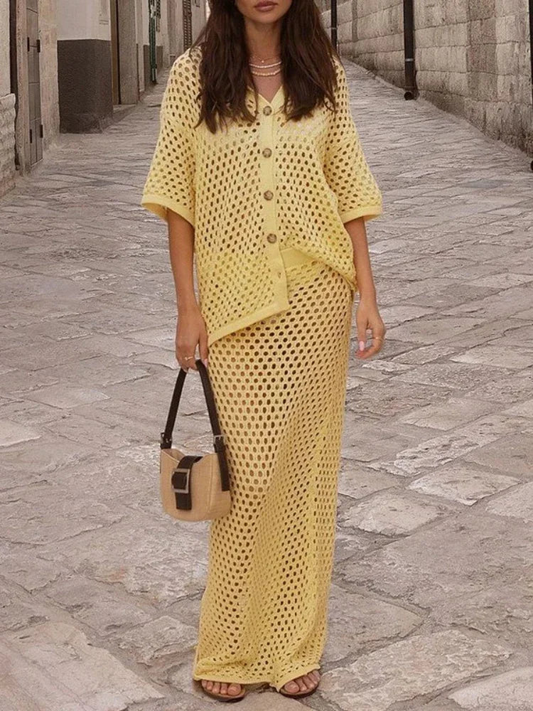 Sellysea Women’s Casual Two-Piece Skirt Set – Hollow Out Button-Up Blouse with Long Skirt | Spring/Summer 2025 Collection