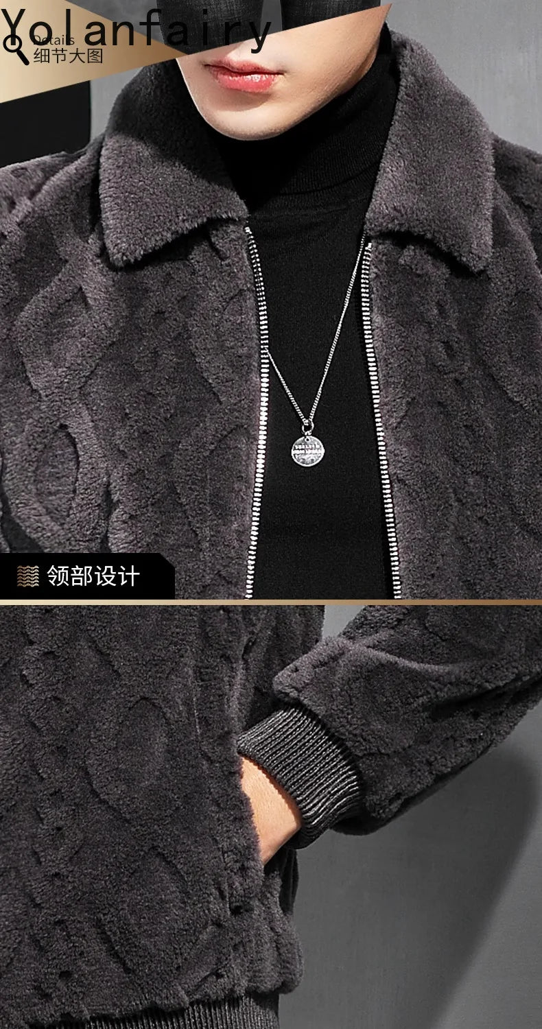 YOLANFAIRY 100% Wool Real Fur Coat Winter Shearling Jackets for Men Cropped Leather Jacket