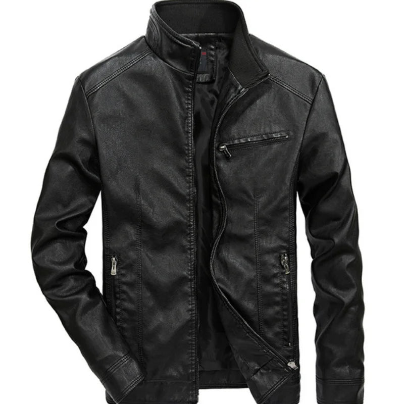 Men Autumn Winter Leather Jacket Coat Men's Retro Stand Collar Motorcycle Warm Fleece PU Leather Jacket