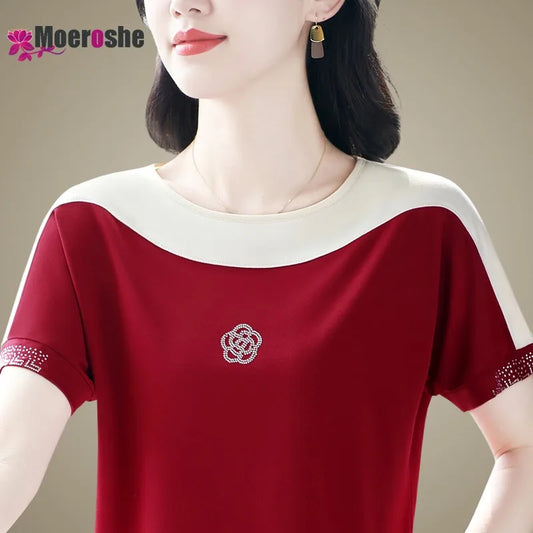 Moeroshe Women's Casual Patchwork O-Neck Tee - Cotton, Classic Style, Summer 2024 Release