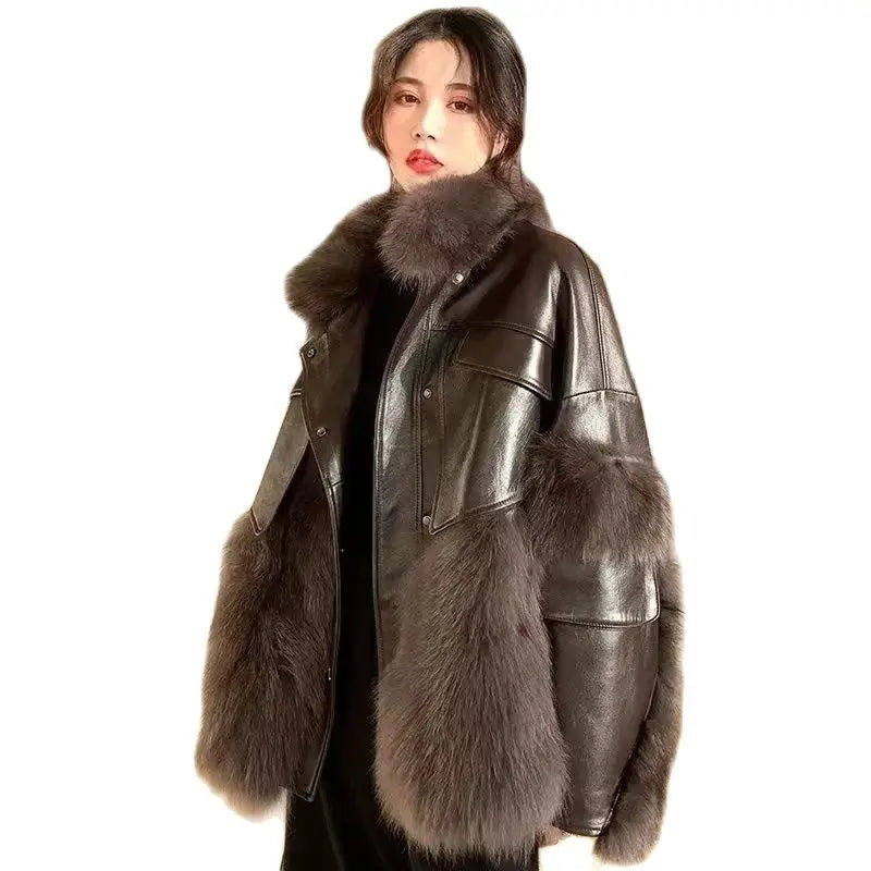 Retro Coffee Fur Coat  2024 Winter Loose Korean Version Fashionable Imitation for wome Fox Fur Thickened Haining High-end Coat