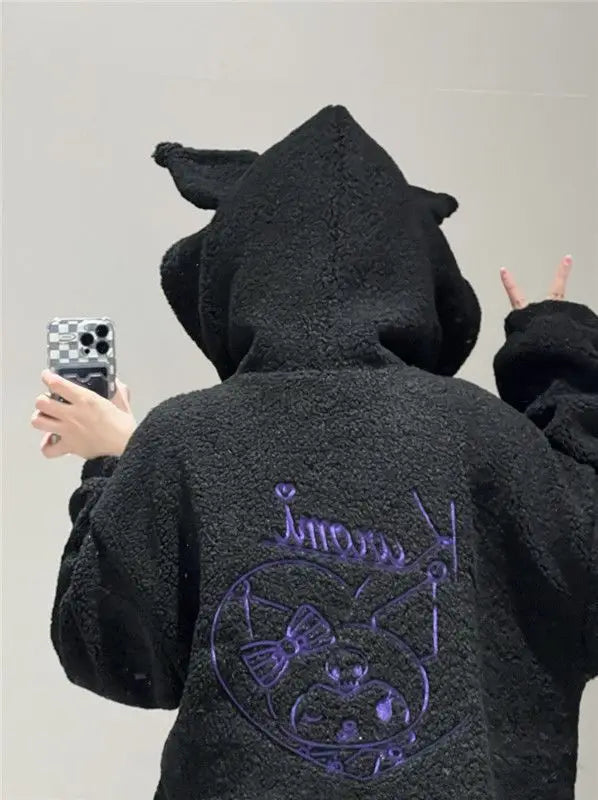 Sanrio Kuromi Hoodies Cartoon Black Embroidery Thin Coat Women Tops Autumn Looses Clothes