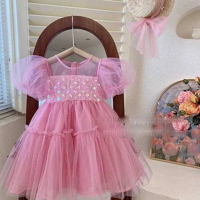 Cute A-Line Sequined Summer Dress for Girls – Solid Color | Ages 4–6Y