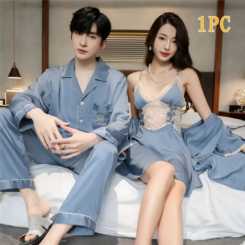 Men Women High Quality Satin Couple Pajamas Gown Set Sexy Hollowout Lace  Spaghetti Straps V-Neck Long Sleeves Pants Loungewear
