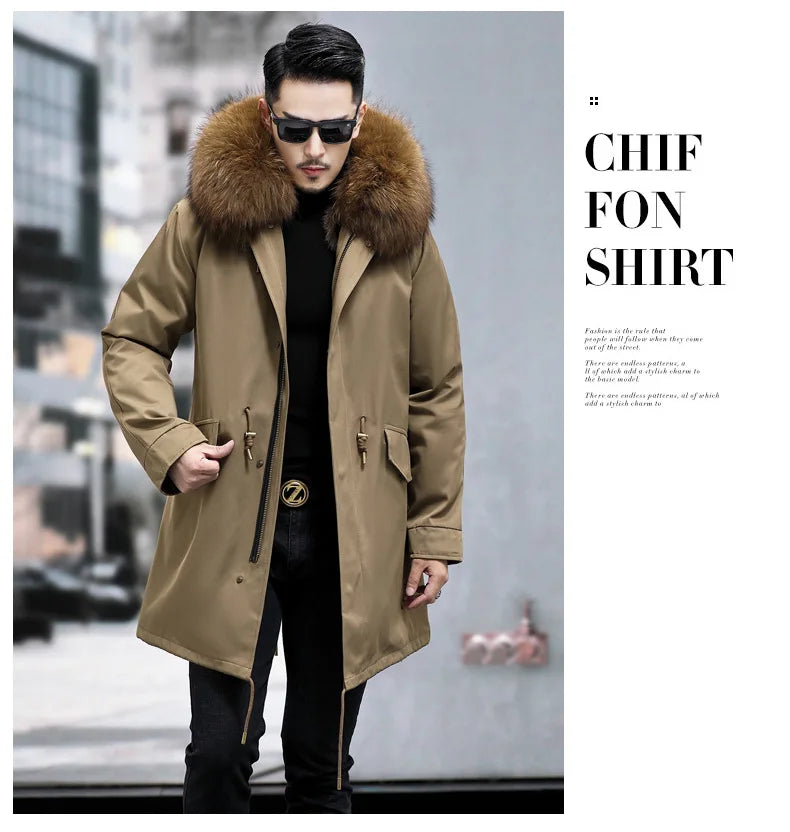 Hot Sales 2023 Men's Thickened Warm Parka Mid Length Detachable Fox Fur Lining Raccoon Winter Fur Coat