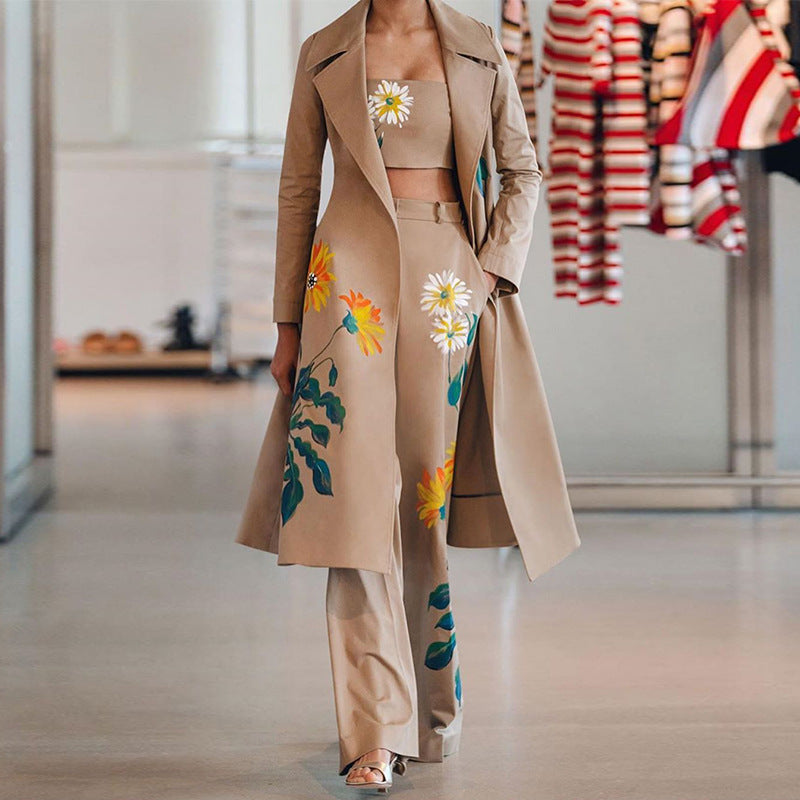 Long Trench coat Sets Female Autumn Temperament Print Flower Windbreaker Wide Leg Pant Suit Three Piece Set Office Lady