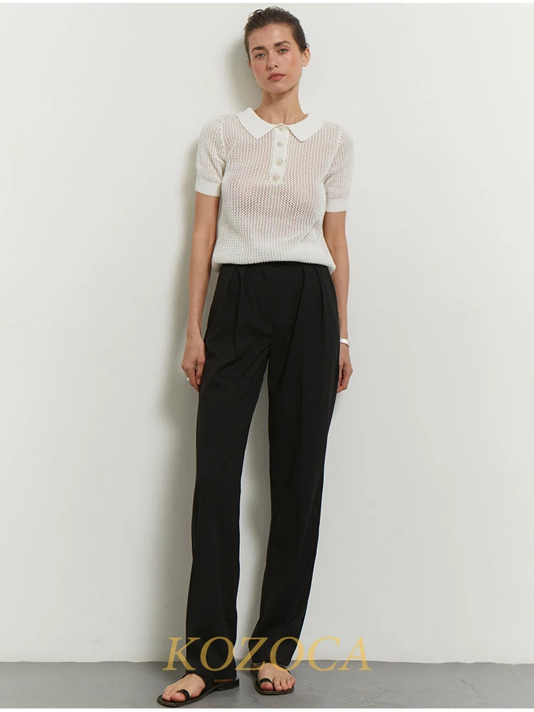 KOZOCA Women's Hollow-Out Knit T-shirt – Casual Solid Spring/Summer Top