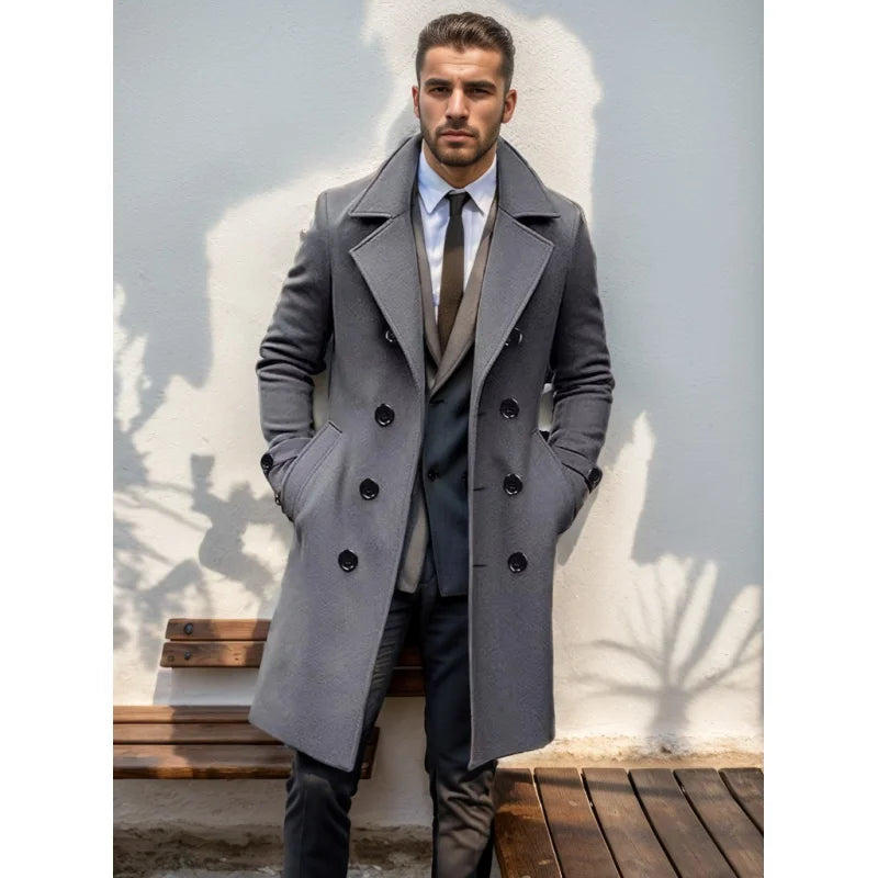 2024Autumn and Winter High Quality Thick Mid-Length Double Breasted Men's Wool Slim Fit Coat European Size