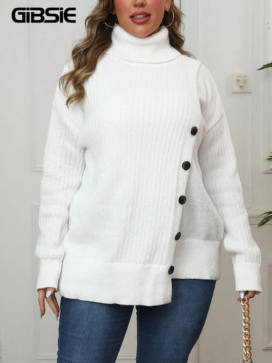 Plus Size Women's Turtleneck  Autumn Winter Drop Shoulder Button Casual Warm Pullover Female White Jumper