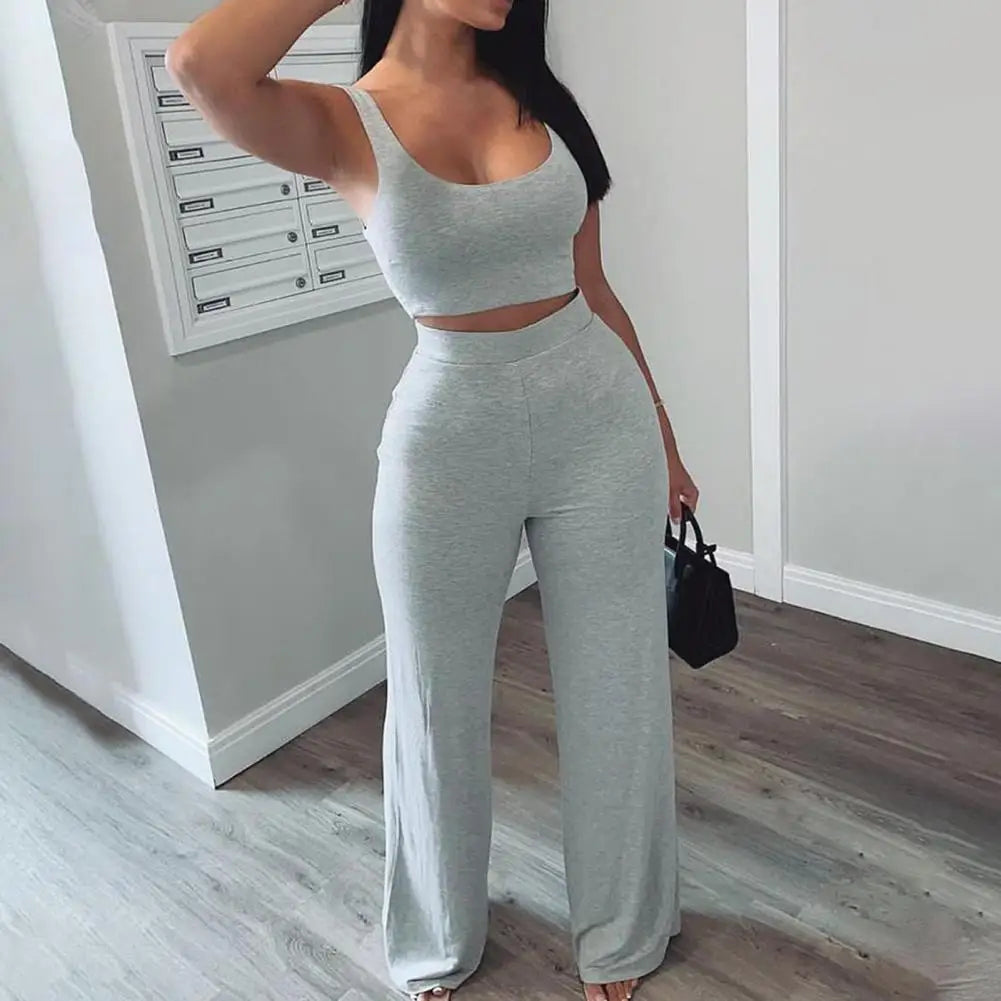 Women Tracksuit Slim Sexy Sling Navel Exposed Tube Top Flared Legs Pants Set Solid Colour Sleeveless Tops and Pants