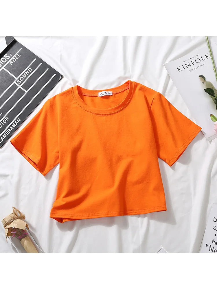 Summer Short Sleeve T Shirts Women  Solid O Neck High Waist Crop Top Tee Female Casual Loose T Shirt