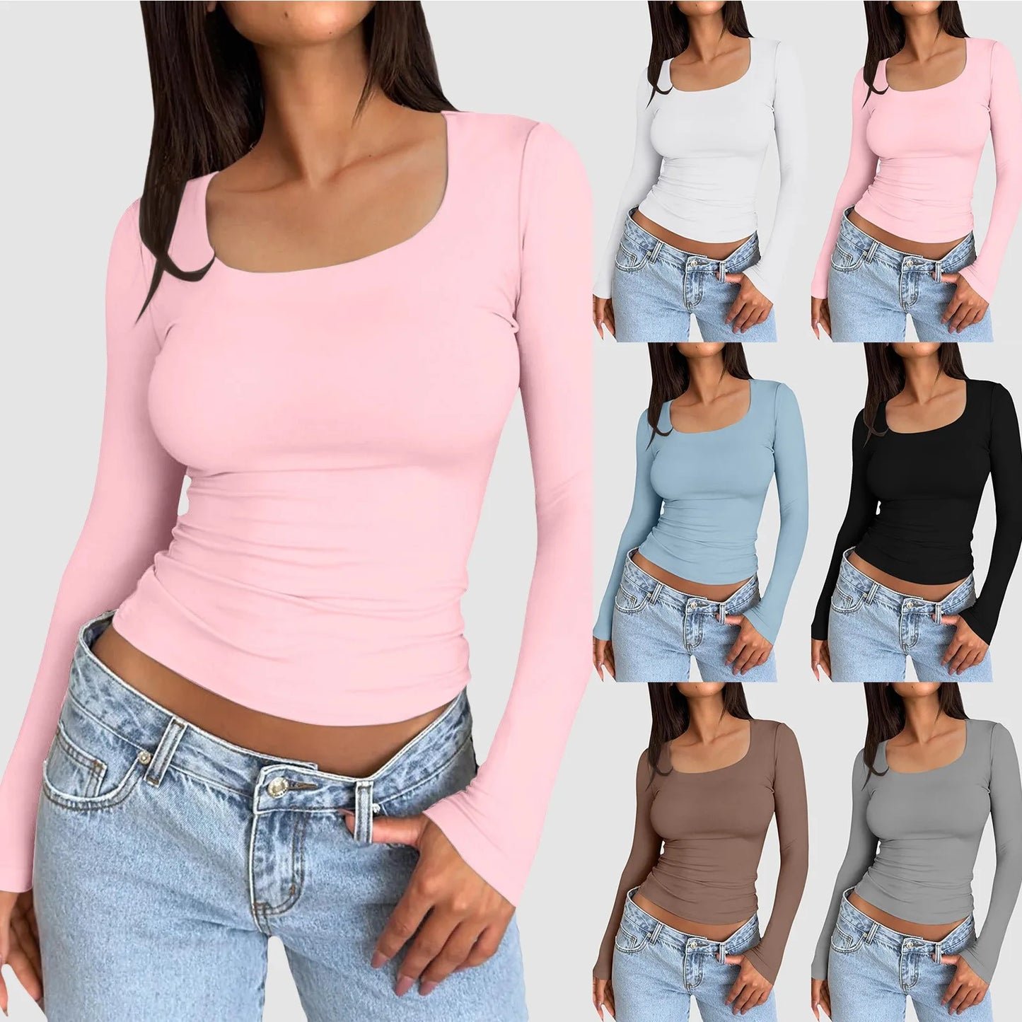 Women Long Sleeve Round Neck Crop Top basic solid tight slim women's plain T-Shirt.