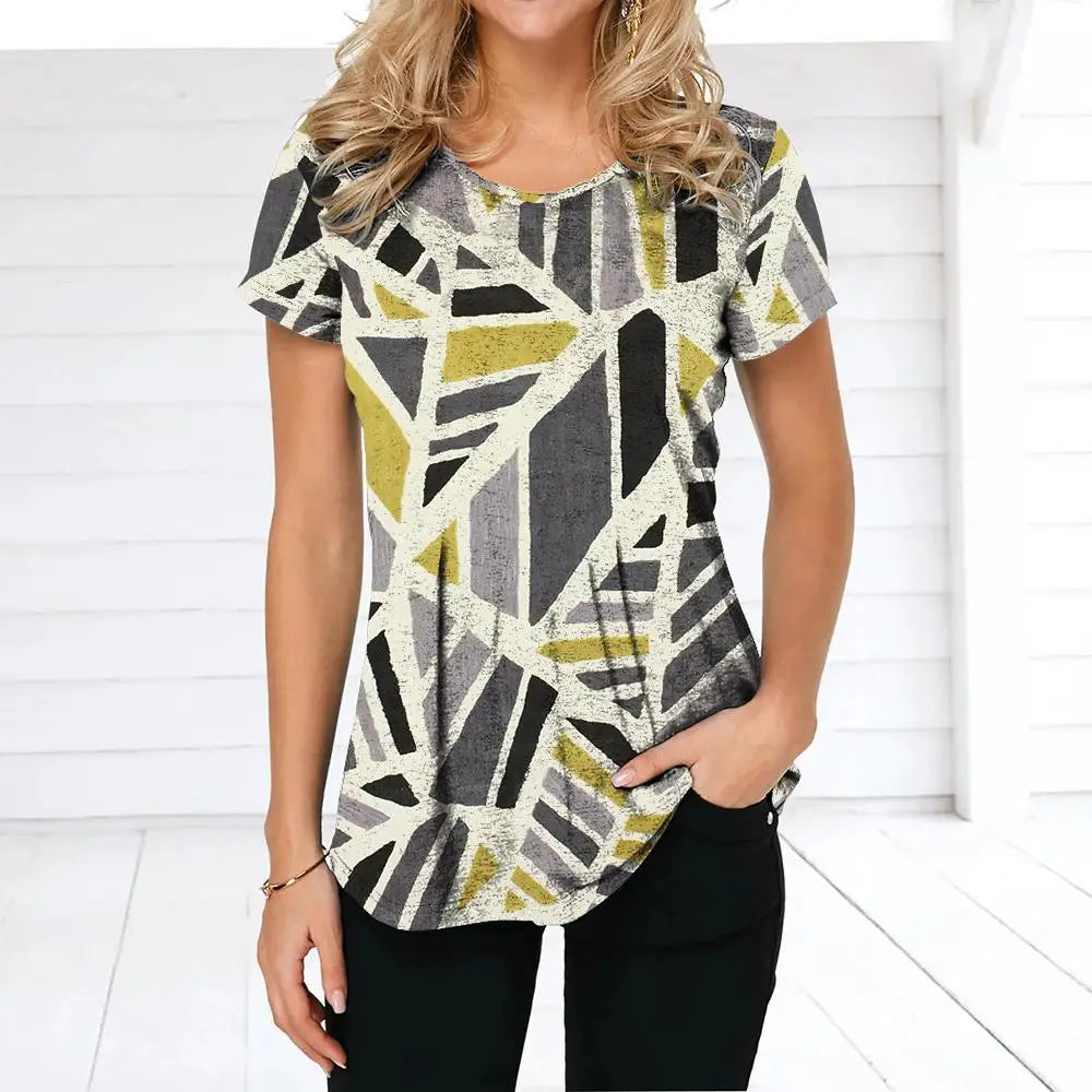 NoEnName_Null Women’s 3D Print Patchwork T-Shirt – Casual American Retro O-Neck Short Sleeve Top