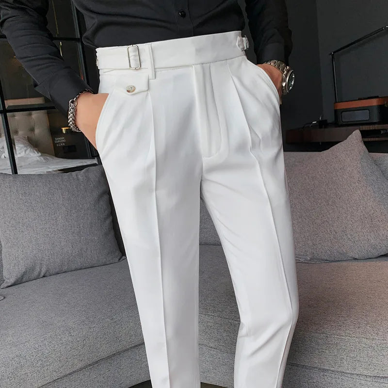 British Style New Solid High Waist Pant Men Business Formal Wear Trousers 2024 High Quality Slim Casual Office Suit