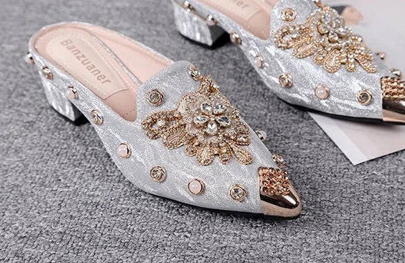 Mules Shoes Women Sandals Ladies Elegant Rhinestone Designer Mirror Luxury Party Slipper Summer New 2024 Slippers Fashion Roman