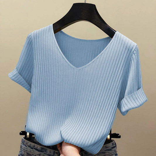 New V-neck short-sleeved T shirt Summer Thin Office Lady Cloth Short Sleeve slim Tops spring summer solid T-shirts