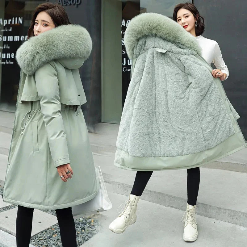 Winter Jacket 2023 New Women's Clothes Long Coat Wool Liner Hooded Jacket Fur Collar Thick Warm Snow Wear