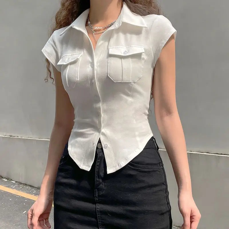 Skinny Short Sleeve Shirts Women Collar Pockets White T-Shirt Slim Fit Single-Breasted with black dress elegant cloth