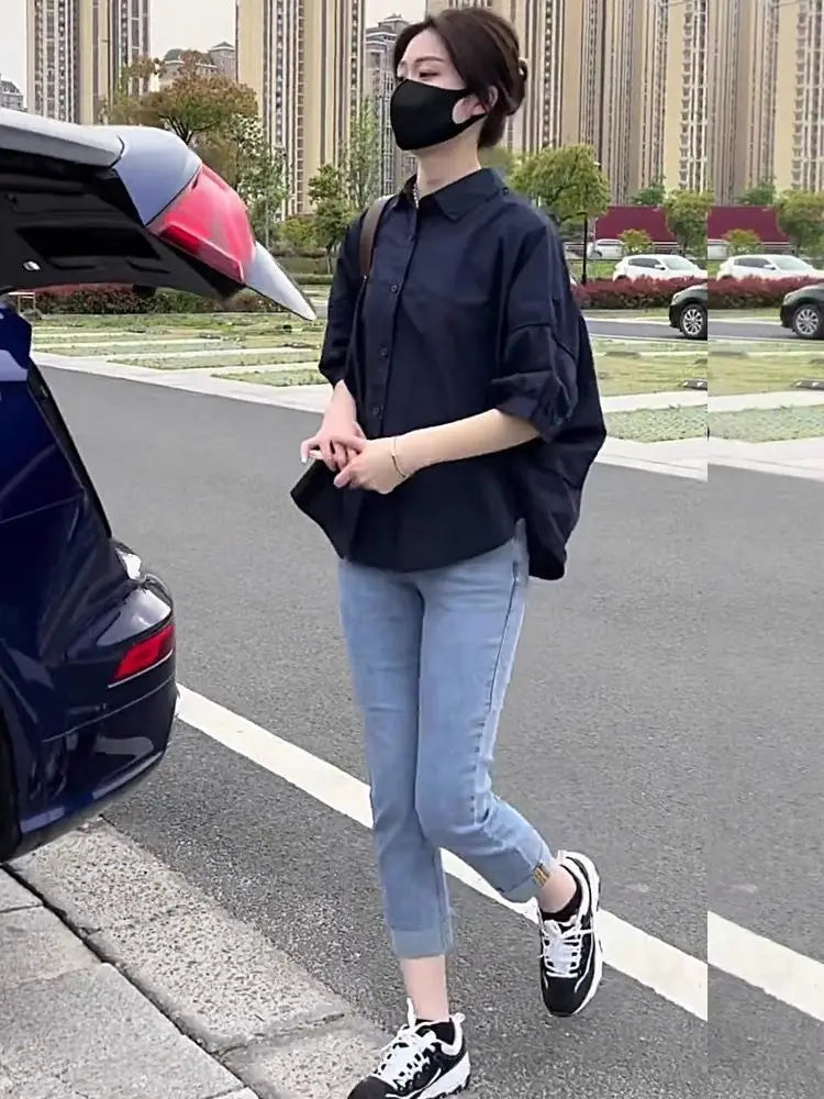 NoEnName_Null Women's Loose Fit Casual Shirt – Turn-down Collar Batwing Sleeve Cardigan